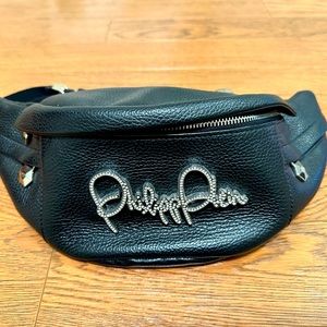 Authentic Philipp Plein leather pouch in signature crystals and hexagonal logo